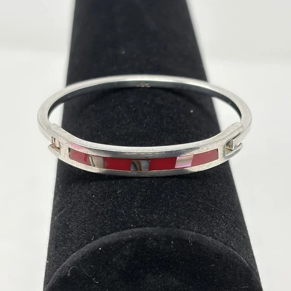 Vintage Mexico 925 Sterling Silver Abalone Red Shell Inlay Hinged Cuff Bracelet - Picture 10 of 16